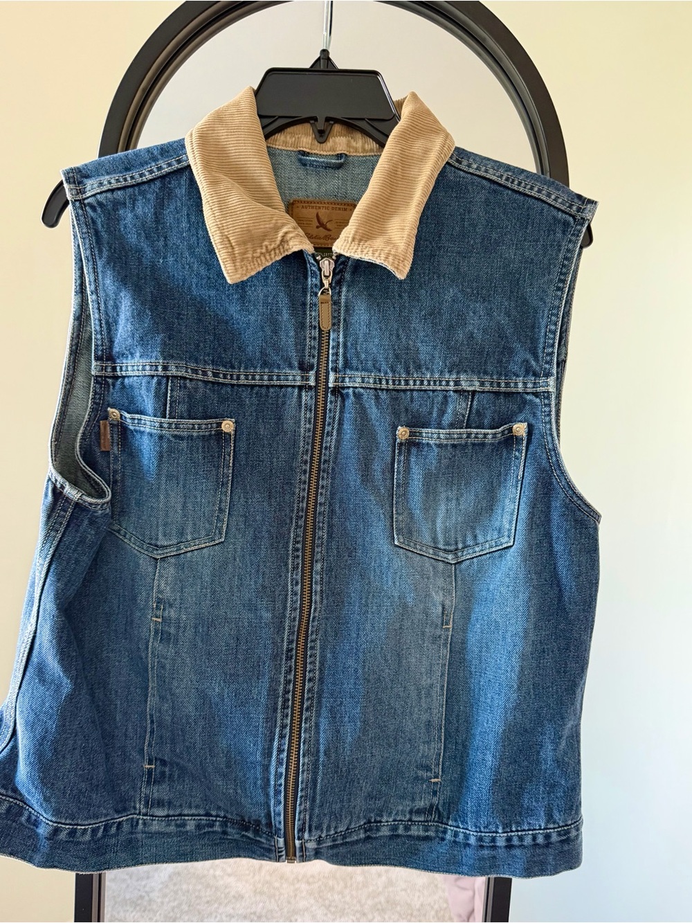 Vintage Eddie Bauer Denim Zip-Front Vest with Tan Corduroy Collar
